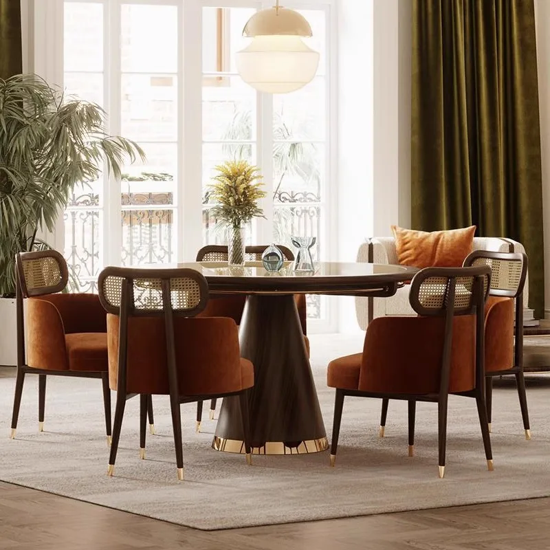 

Italian minimalist solid wood rattan dining chair retro hotel restaurant home soft bag backrest chair Foshan furniture wholesale