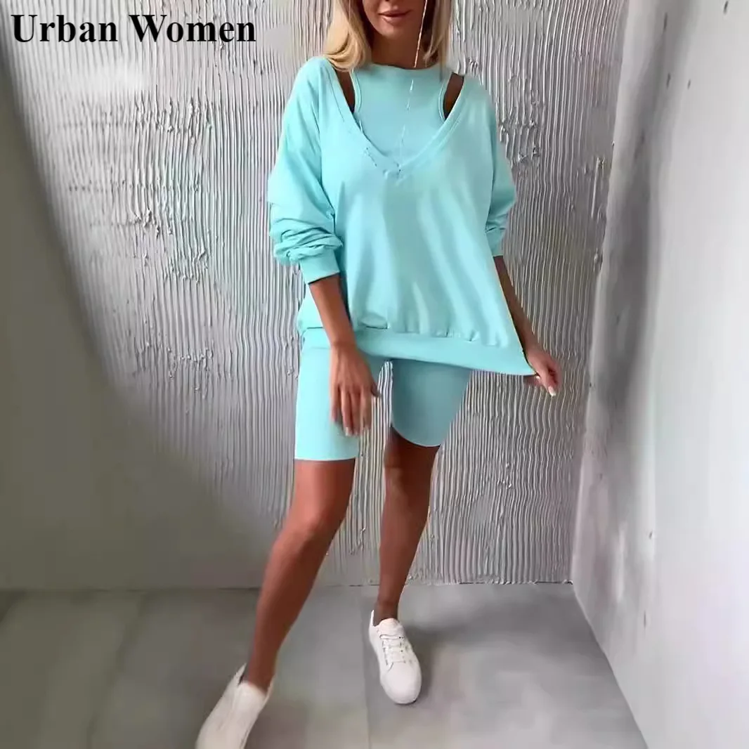 

Осенний модный спортивный стильный комплект из трех предметов, Женский уличный Повседневный жилет без рукавов, Свитшот и шорты, Женский комплект из трех предметов