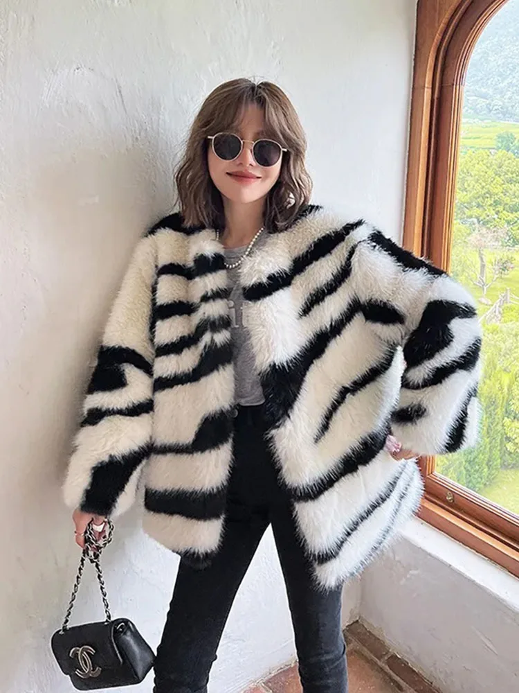 

ZADORIN Fashion Winter Women Jackets 2024 Luxury Zebra Striped Fluffy Faux Fox Fur Coat Women O-Neck Loose Fur Jacket Woman Fur