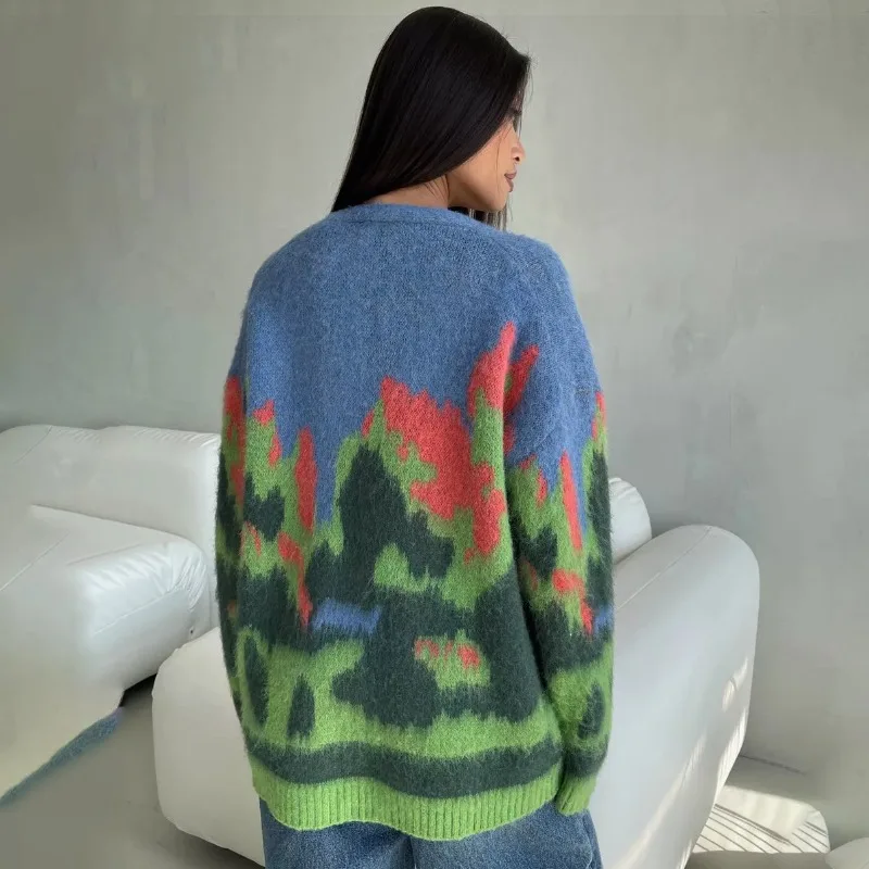 

Women's Loose Print Knitted Sweater Jacket Lazy Style Fashion Versatile Autumn Trend Casual Comfortable Fit Sweater