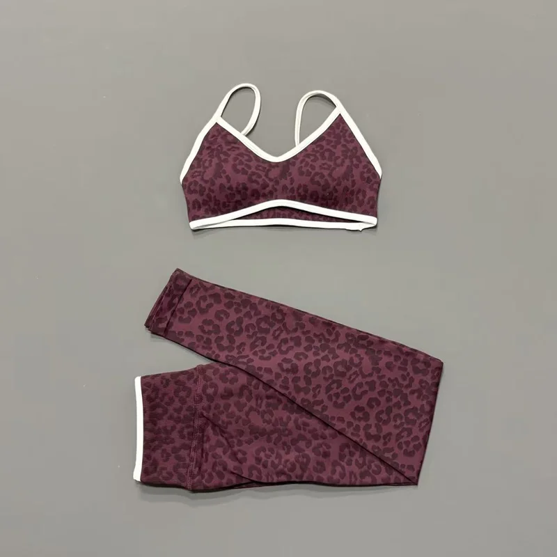 2 Pcs Fitness Sets Women Leopard Print Contrast Edge Removable Pad Bra Breathable Squat Proof Pants Suit Sports Workout Set