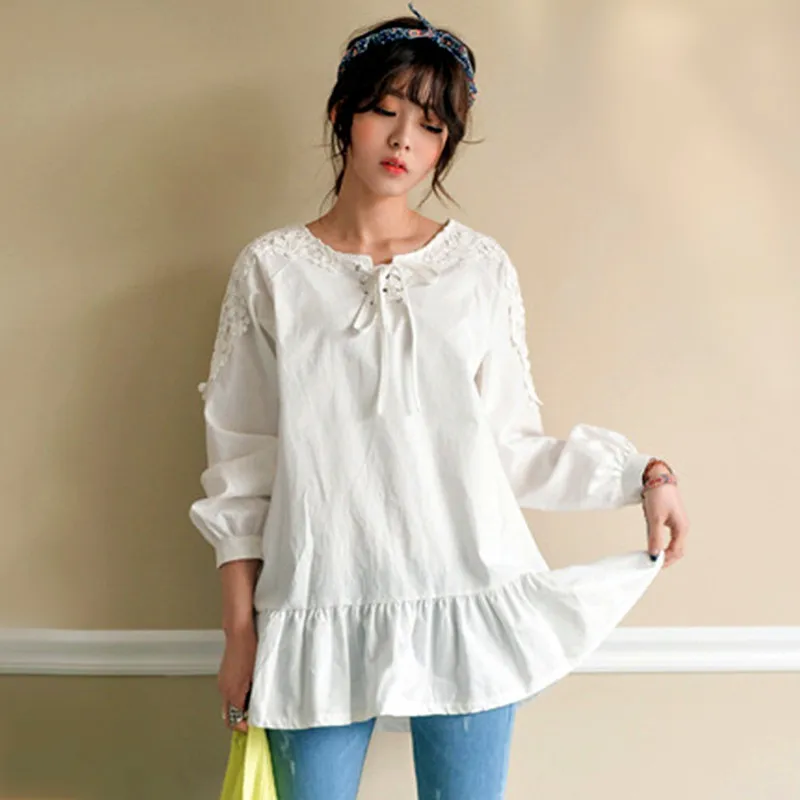 Woman Blouse 2023 Spring Summer Lace-Up Tops Ladies Sweet Ruffle Peplum Bottom Mori Girl Cotton Long Sleeve White Shirts Blouses