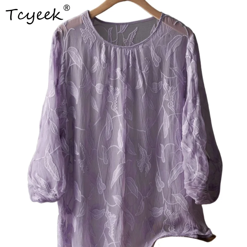 

Tcyeek 100% Real Mulberry Silk Summer Tank Top Round Neck Purple Sunscreen Long Sleeved Women's Shirts Женская Одежда חולצותנשים