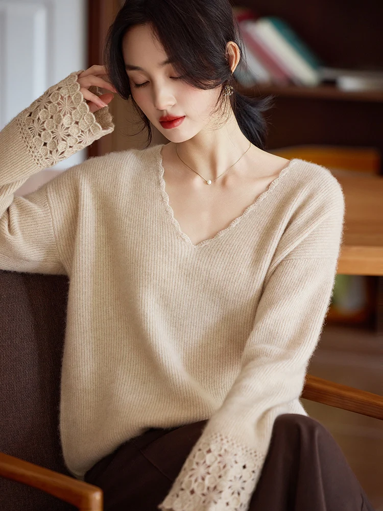 

Autumn and Winter New 100% Wool and Cashmere Sweater Women's V-neck Loose Knitted Korean Version Pullover Solid Color Lace Top