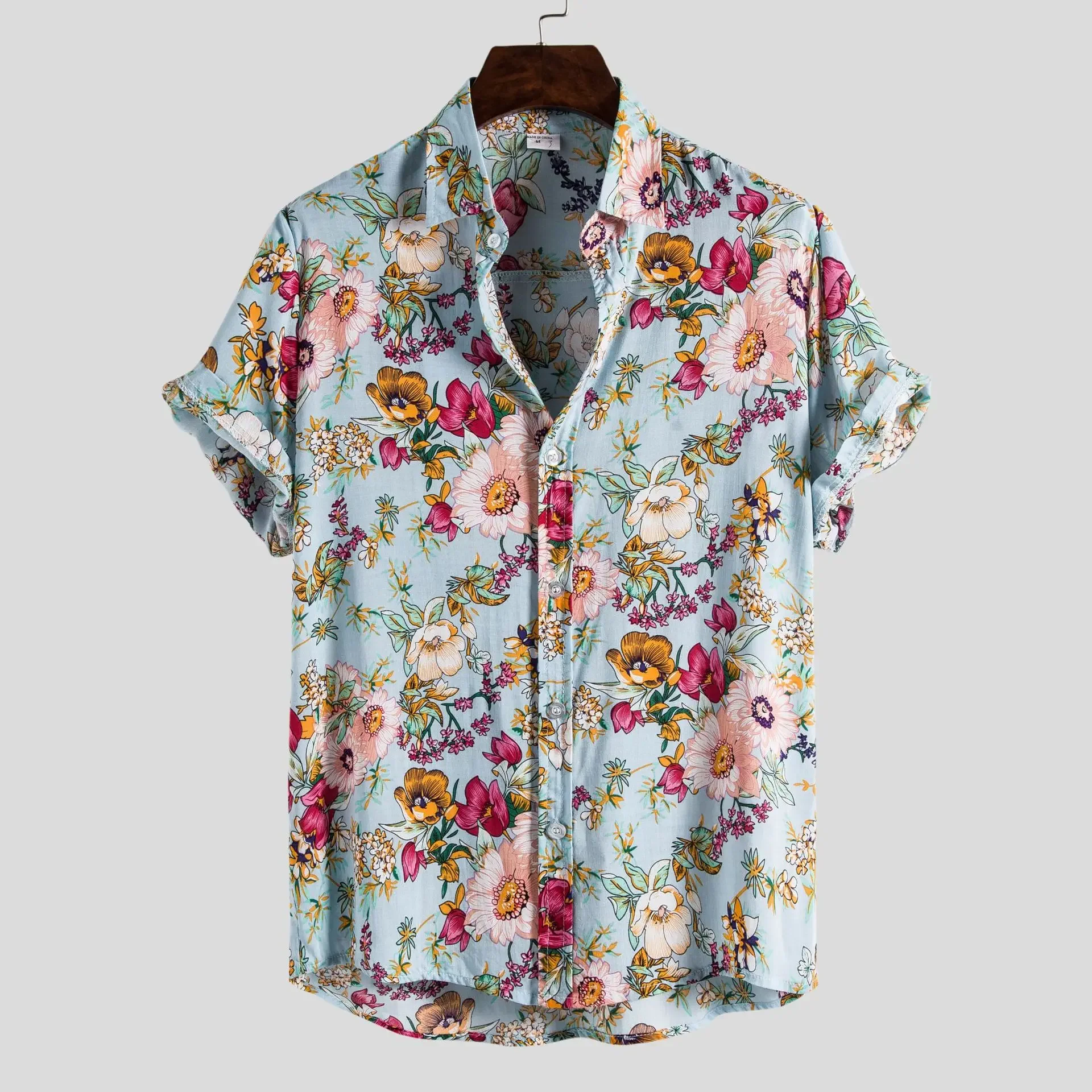 Nueva camisa informal de verano para hombre, camisas florales de manga corta con solapa Popular para jóvenes