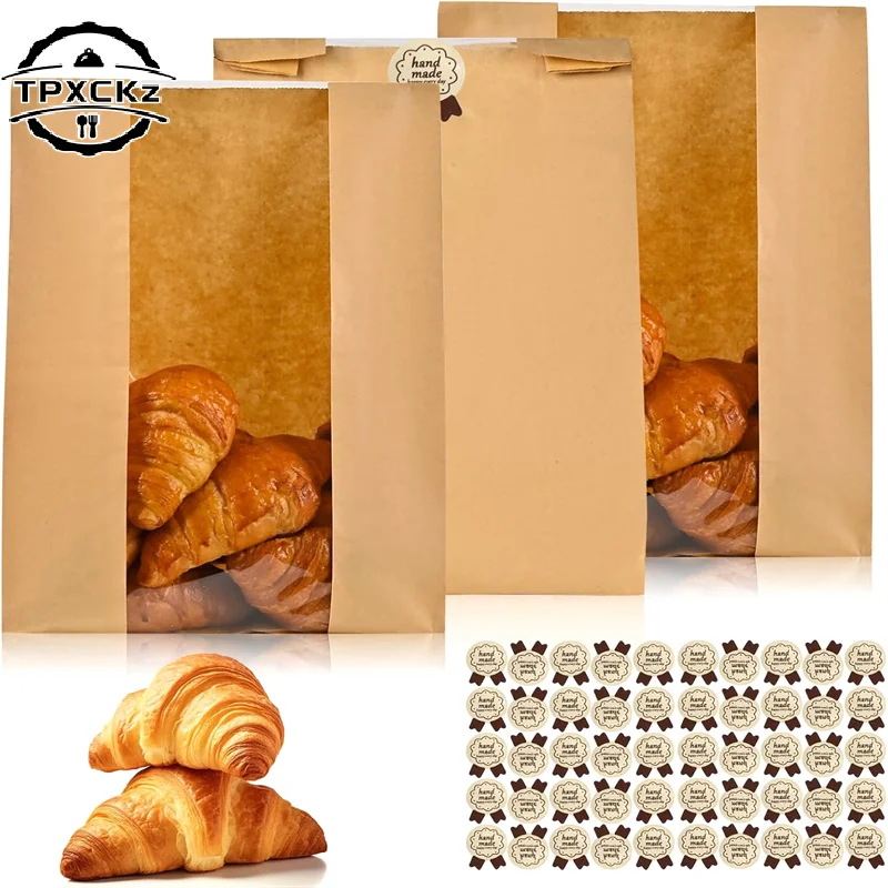 50pcs Kraft Paper Bag With Window Bread Packaging Bags Handmade Toast Biscuit Candy Packing Pounches With Label Sealing Stickers