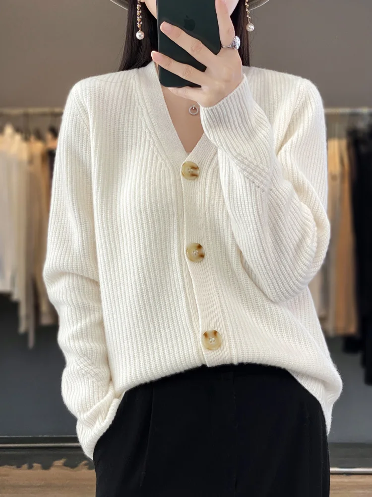 Cardigan boutonné à col en V pour femme, 100% laine mérinos, pull en cachemire monochrome, vêtements décontractés pour femme, haute qualité, automne et hiver