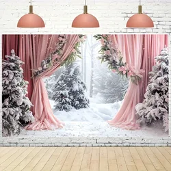 Winter Wonderland Background with pink curtain Snow forest photography Background Family holiday birthday party