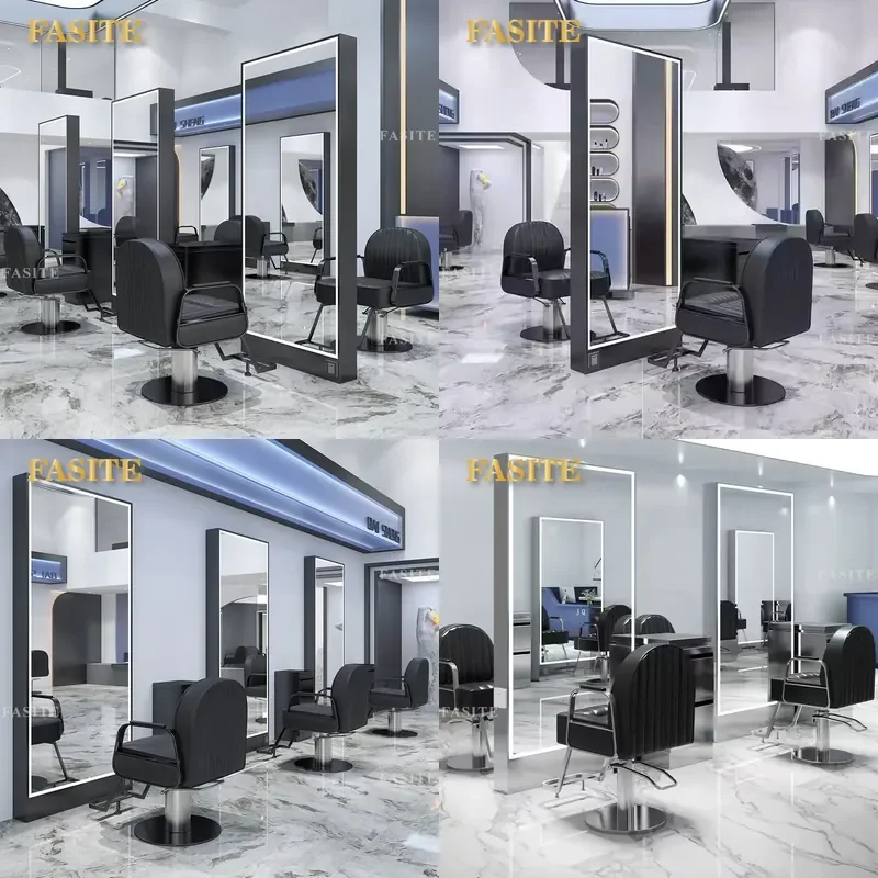 For Hair Barber Shop Floor Standing Mirror Table with LED Light Single Double Sided Styling Station for Perm Dye Cut