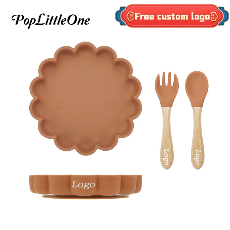 Cartoon Lion Children Silicone Dinner Plate Baby Feeding Set Wooden Handle Fork Spoon Strong Sucker Baby Shower Gift BPA Free