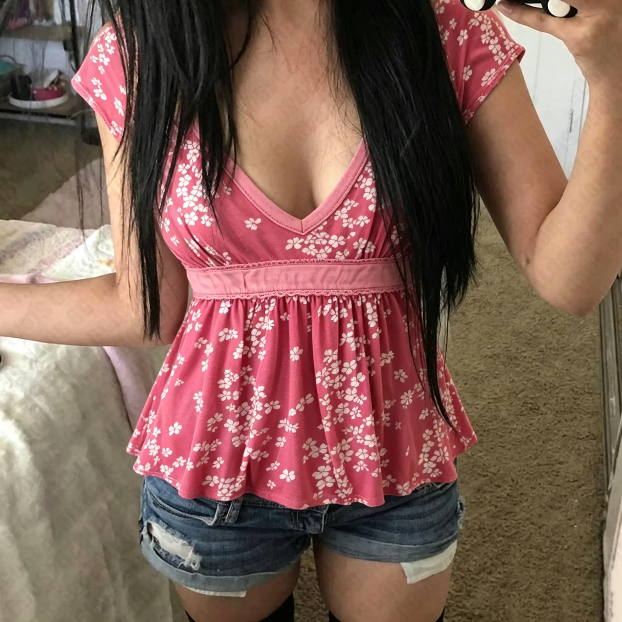 Vintage Sweet Women Floral Lace Dress Rose Pink V Neck Short Sleeve Empire Waist Y2K Mini Sundress