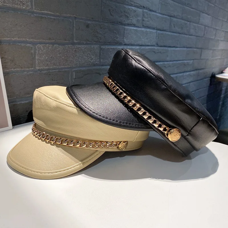 1pc Faux Leather Newsboy Cap Gold Chain Decor Flat Brim Military Style Baker Boy Hat Vintage Fashion Peaked Cap for Daily Outfit