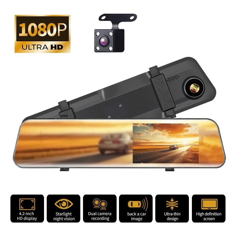

Dash cam, vehicle-mounted DVR, rearview mirror, driving recorder, dual-lens, front and rear cameras, video recorder, black box