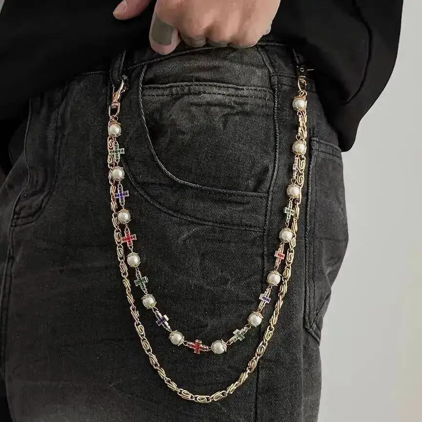 SHIXIN Punk Exquisite Imitation Pearls Rhinestone Chain Pendant Cross Keychain Men Rock Waist Belt Bag Pants Chain Jeans Jewelry