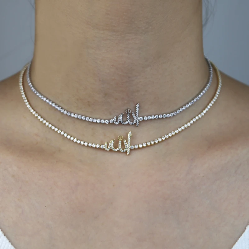 Geometric Arabic Letter CZ Choker Necklace for Women\'s Fashion Jewelry Full Cz Stone Tennis Necklaces Gold/Platinum Plated Color