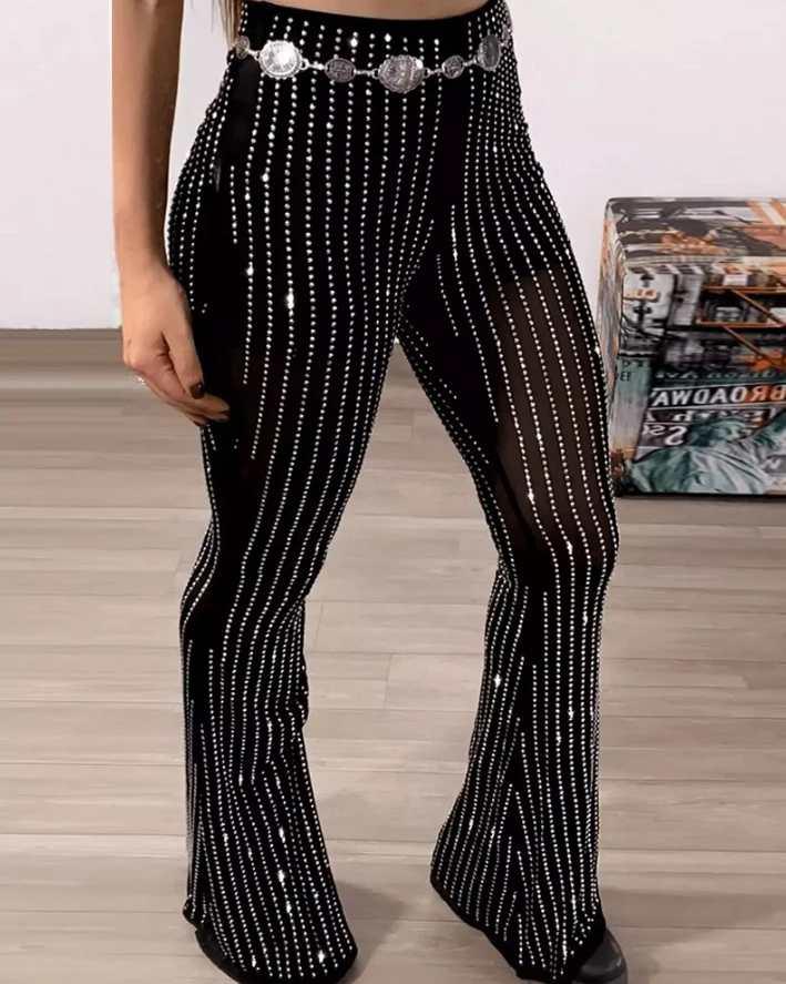 

Women's Pants 2024 Spring Fashion Sheer Mesh Rhinestone Decor High Waist Plain Casual Skinny Daily Semi-Sheer Flared Pants