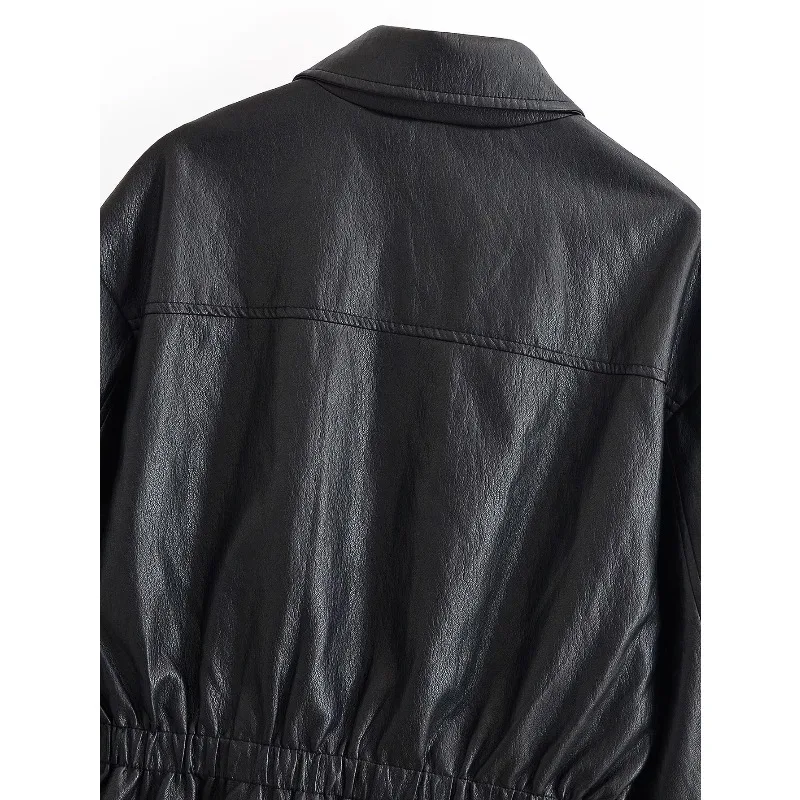 Guobioziy New Women's Classic Commuter Style Versatile High End Two Tone PU Leather Short Jacket Zipper Closure Polyester Fiber