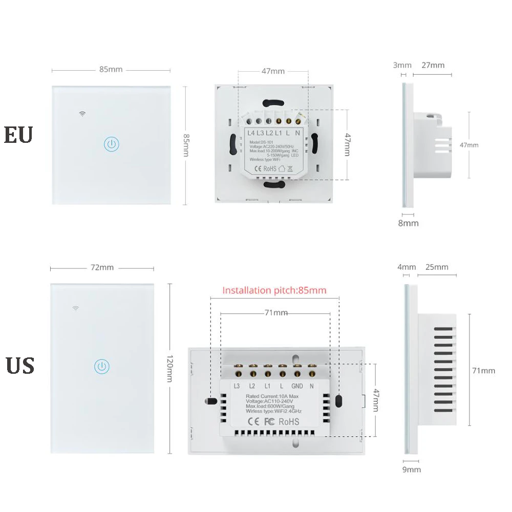 Smart WiFi Touch Switch EU/US standard Crystal Glass Panel LED Light Wall Switch Homekit Siri Control Apple Homelkit APP Switch