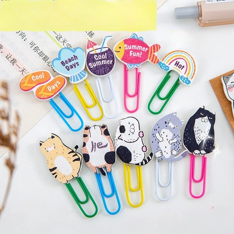 10pcs/set Random Creative Wooden Paper Clips for Students Cute Cartoon Bookmark Colorful High Aesthetic Stationery Paper Clip