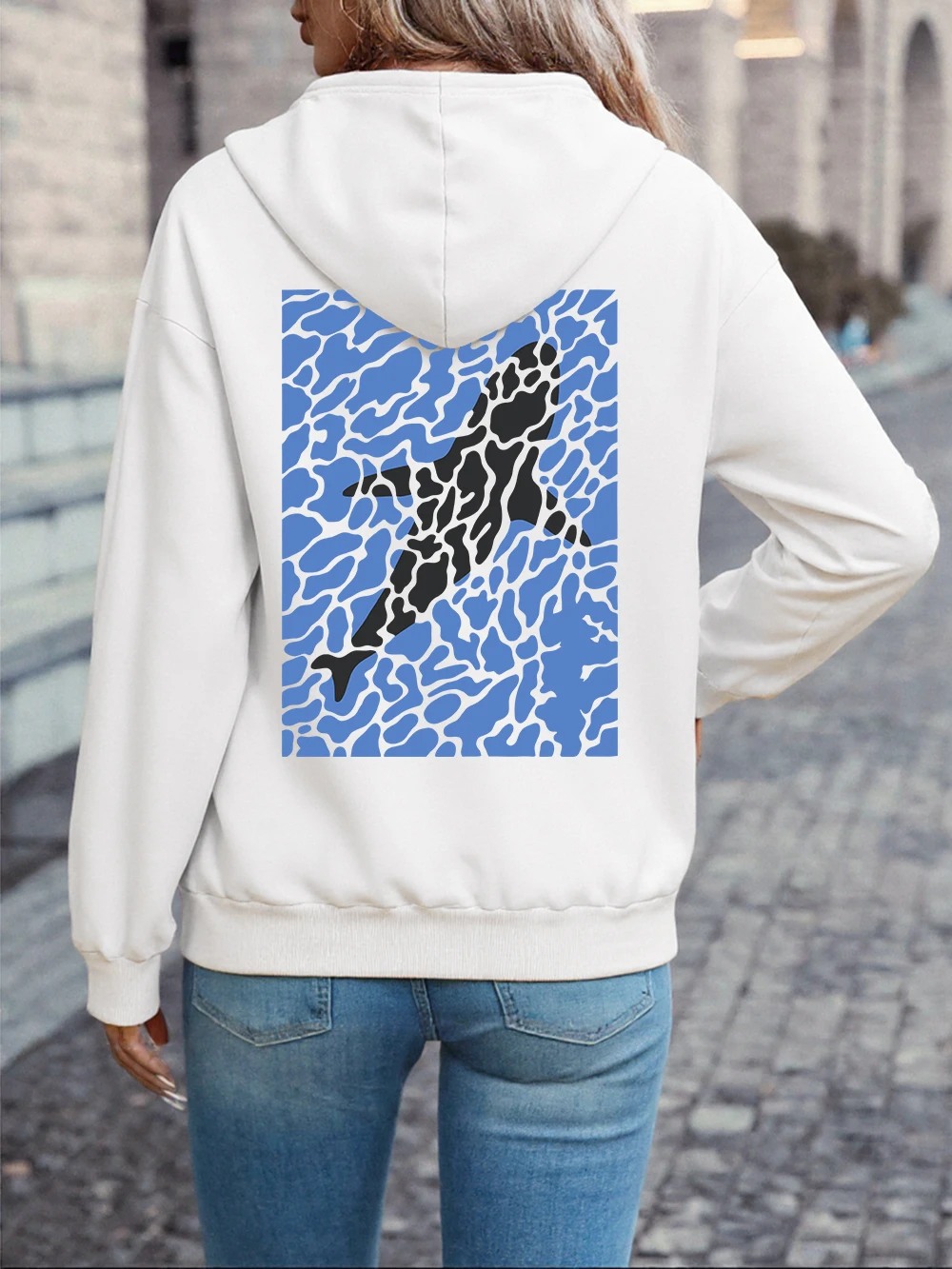 바다의 돌고래 인쇄 후드티 여성 겨울 양털 따뜻한 풀오버 캐주얼 포켓 스웨트 셔츠 기본 편안한 여성 의류