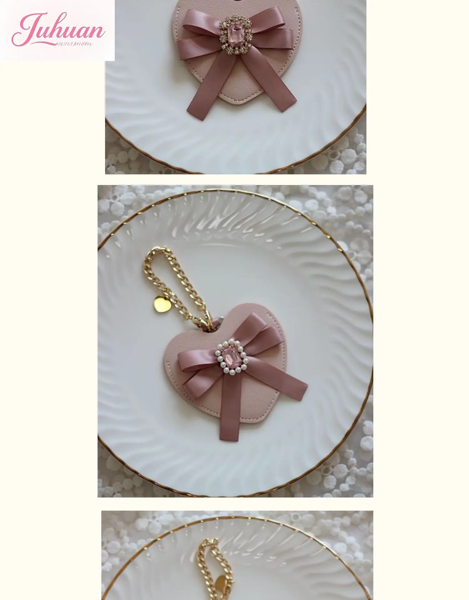 New Hand Made Japanese Love Rhinestone Pearl Bow Portable Portable Mini Makeup Mirror Lolita Cute Chain Leather Pendant Women