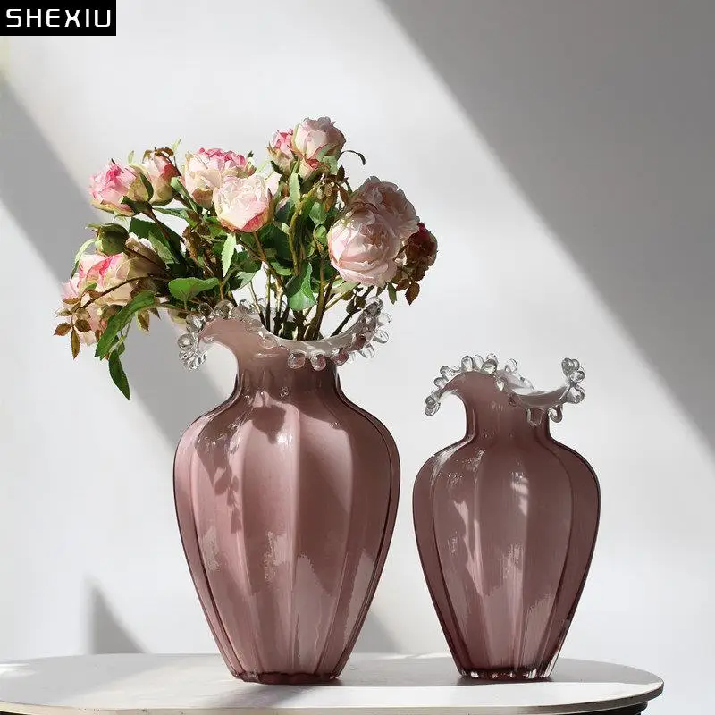 

Wave Shape Bottle Mouth Glass Vase Decorative Flowers Arrangement Desk Decoration Pink Ripple Flower Pots Hydroponics Vases