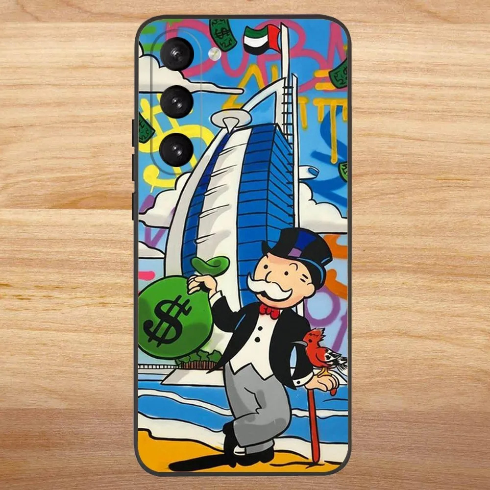 Cartoon Dollar Alec M-Monopoly Phone Case For Samsung S23,23,22,30,21,10,9,Note20 Ultra,Lite,Ultra,5G,Plus,FE,Black Soft Case