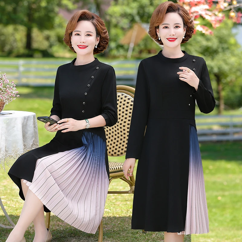 Light Luxury Design Autumn And Winter button Scalloped pleated slim  Empire Dresses A-LINE long sleeves Office Lady Chic Dress