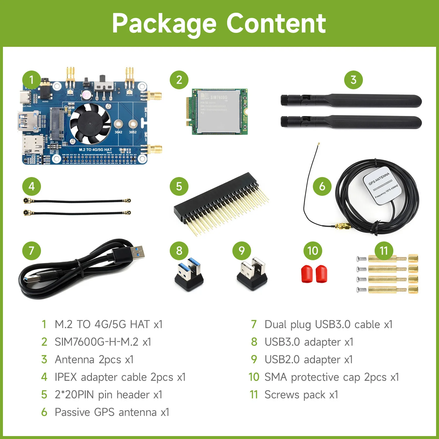 Waveshare SIM7600G-H M.2 4G HAT dla Raspberry Pi LTE, LTE CAT4 High Speed, Raspberry Pi SIM, Cellular, 4G/3G/2G, GNSS, Global Band