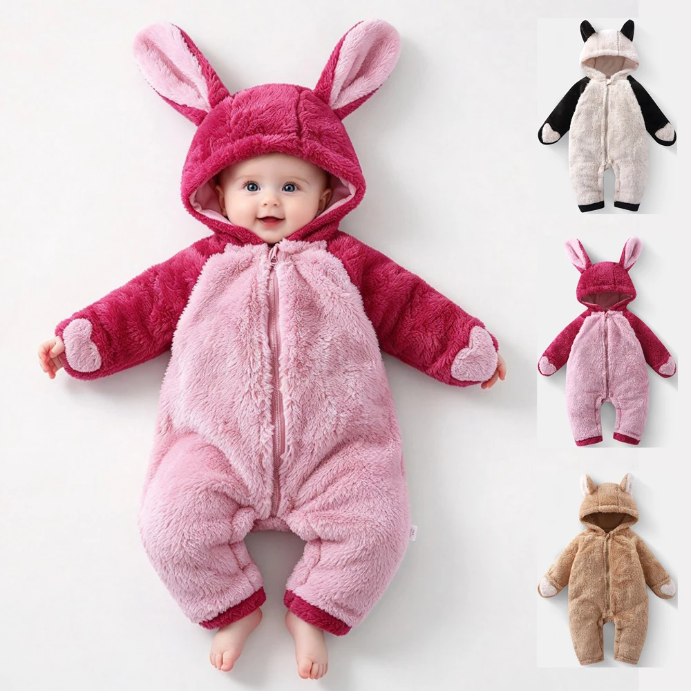 Pink Cartoon Baby Girls Romper Bunny Newborn 0 to 3 6 9 12 18 Months Long Ears Baby Onesies Zipper Hand Wrap Infant Boy Clothes