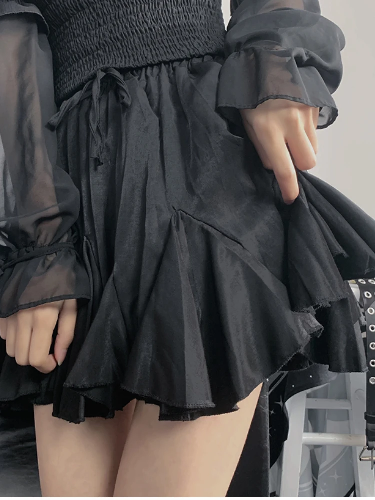 DEEPTOWN Black Skirt Gothic Women Goth Egirl High Waist A-line Irregular Ruffles Mini Skirt Dark Summer Harajuku Streetwear