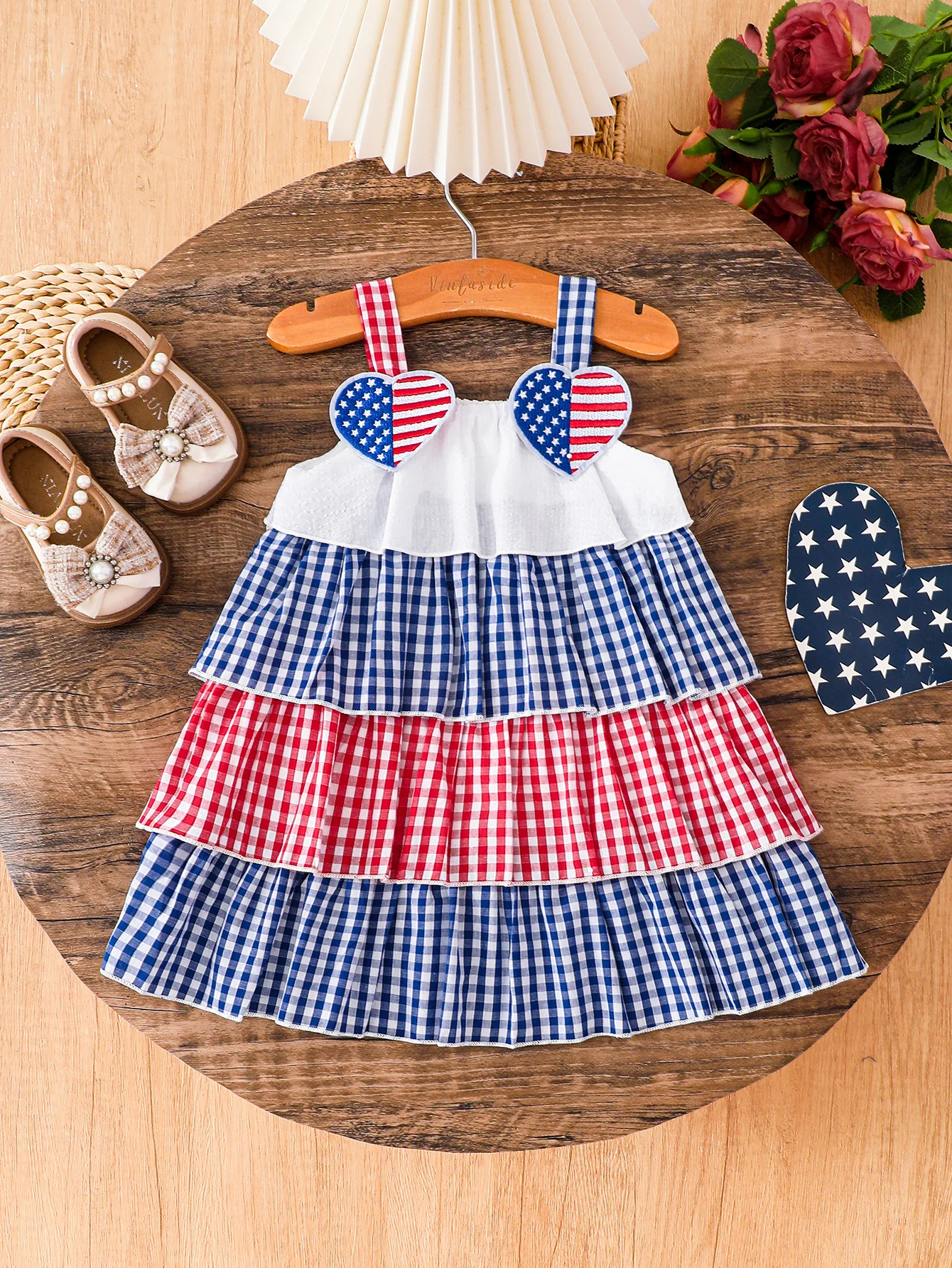 Ready To Ship Toddler Girl Birthday Animal Embroidery Dress Red Gingham Peter Pan Collar Kids Cute 4th of July Dress