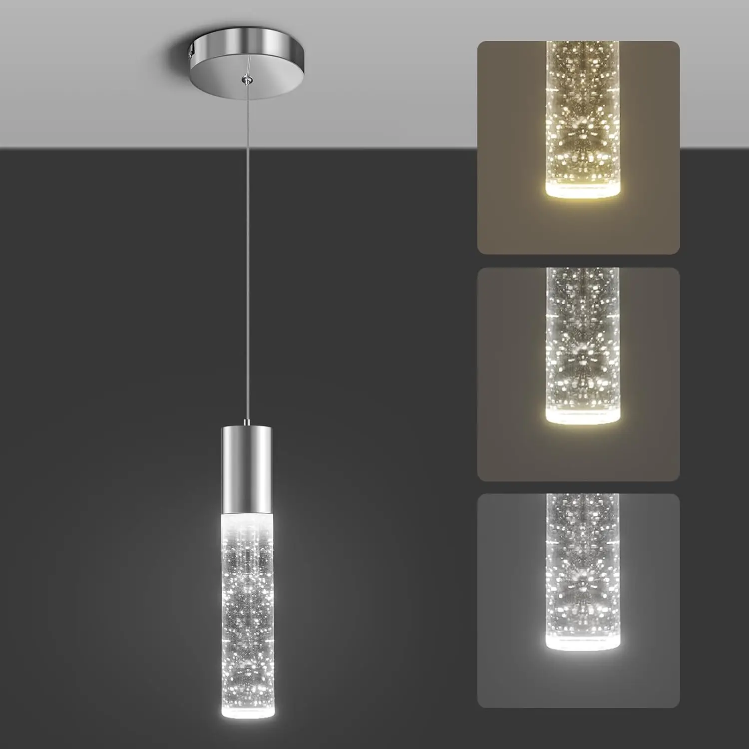Modern Pendant Light,3 Color LED Bubble Crystal Island Light Fixtures,Chrome Mini Pendant for Kitchen Island,Bar,6W,3000-6000K