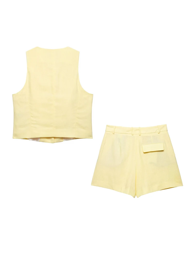 Moda feminina botão frontal mistura de linho colete e bermuda de cintura alta conjunto roupa feminina