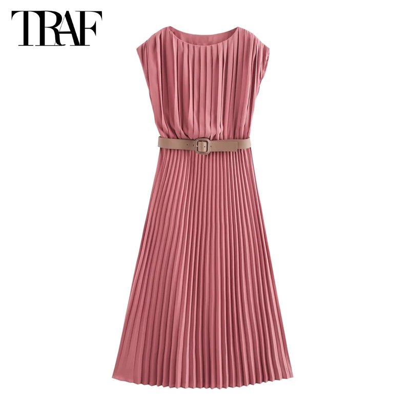 TRAF Pink Draped Midi Dress Woman Sleeveless Summer Dress Woman 2024 Belt Party Long Dresses for Women Ruched Beach Female Dress