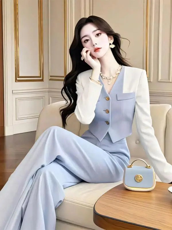 

Элегантный профессиональный женский брючный костюм в корейском стиле, высококачественный комплект из двух предметов: рубашка с длинным рукавом и брюки.
