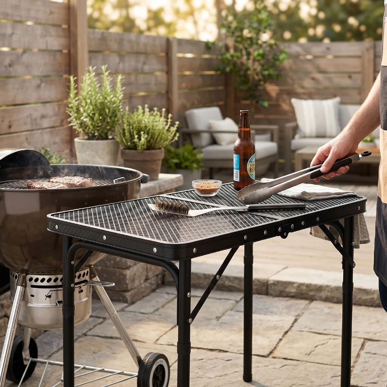 Foldable Grill Table Camping Table with Heat-proof Mesh Top Portable Aluminum Adjustable Height Outdoor Table for BBQ Picnic
