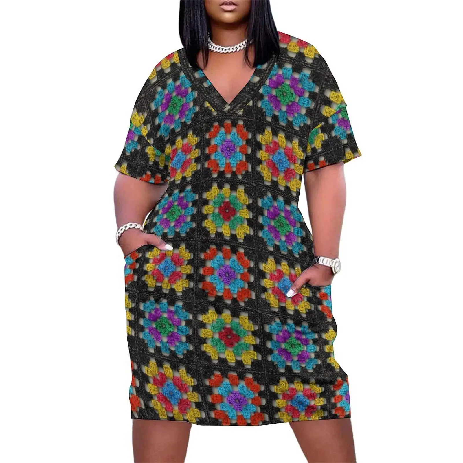 

Granny Square Retro Crochet Afghan Blanket Loose Pocket Dress summer dresses for women 2025 cocktail dresses