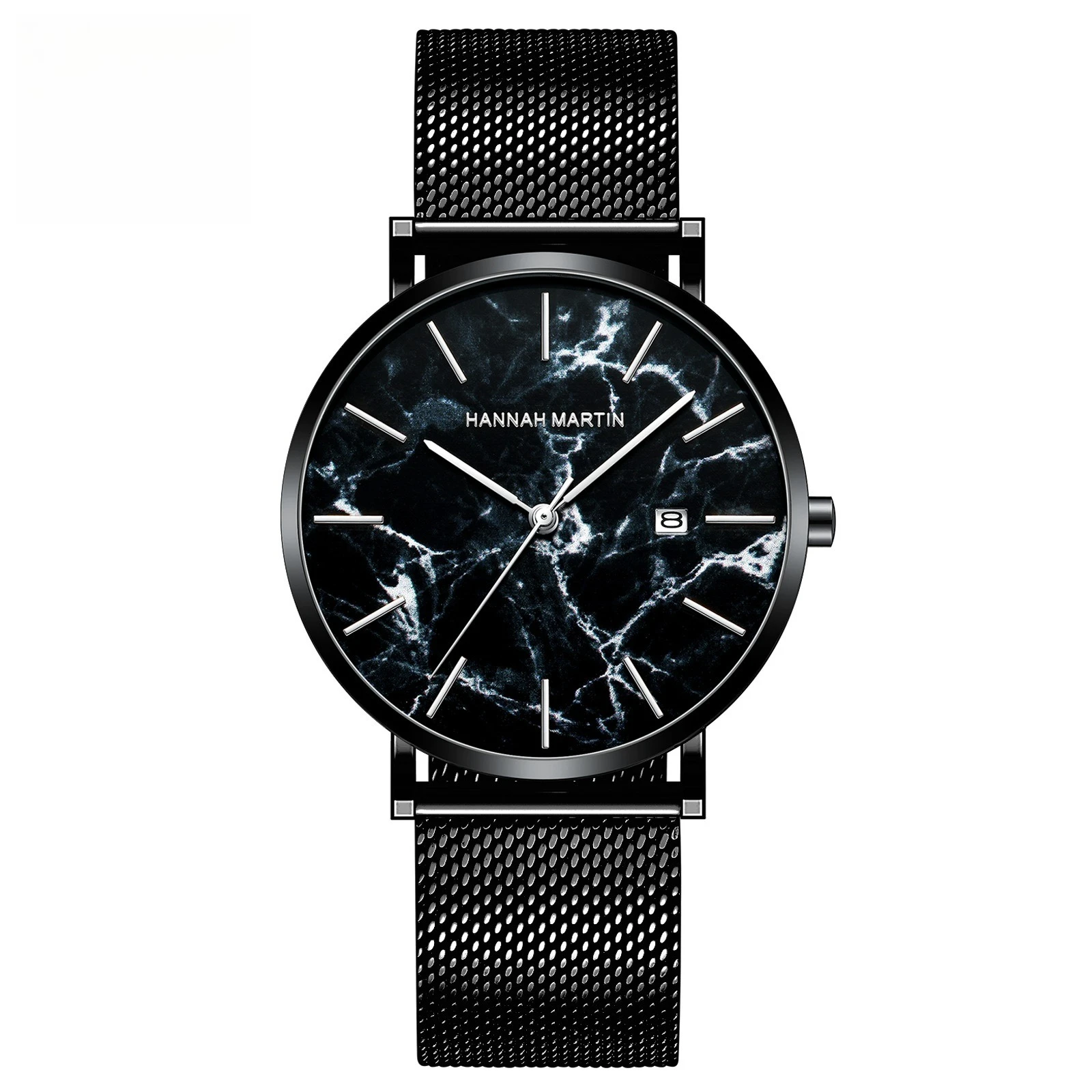 Мужские деловые часы с японским механизмом — мраморный текстурированный циферблат, дата, тонкие и легкие