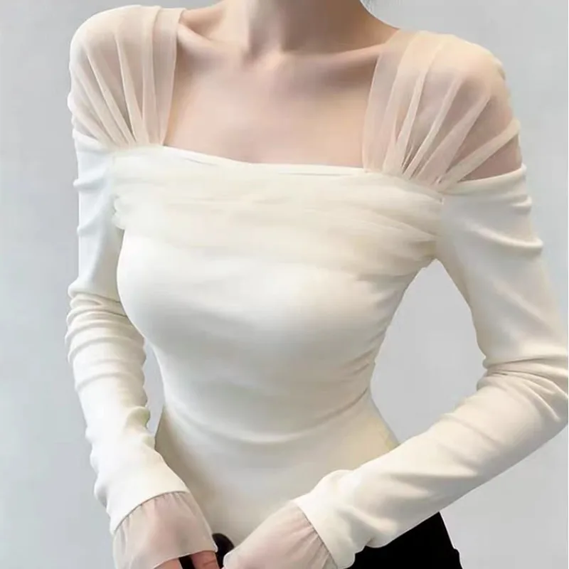 Blouse T-shirt Women's Spring Square Neckline Mesh Patchwork Fitted Silhouette Long Sleeves Stylish Youthful Undershirt Niche