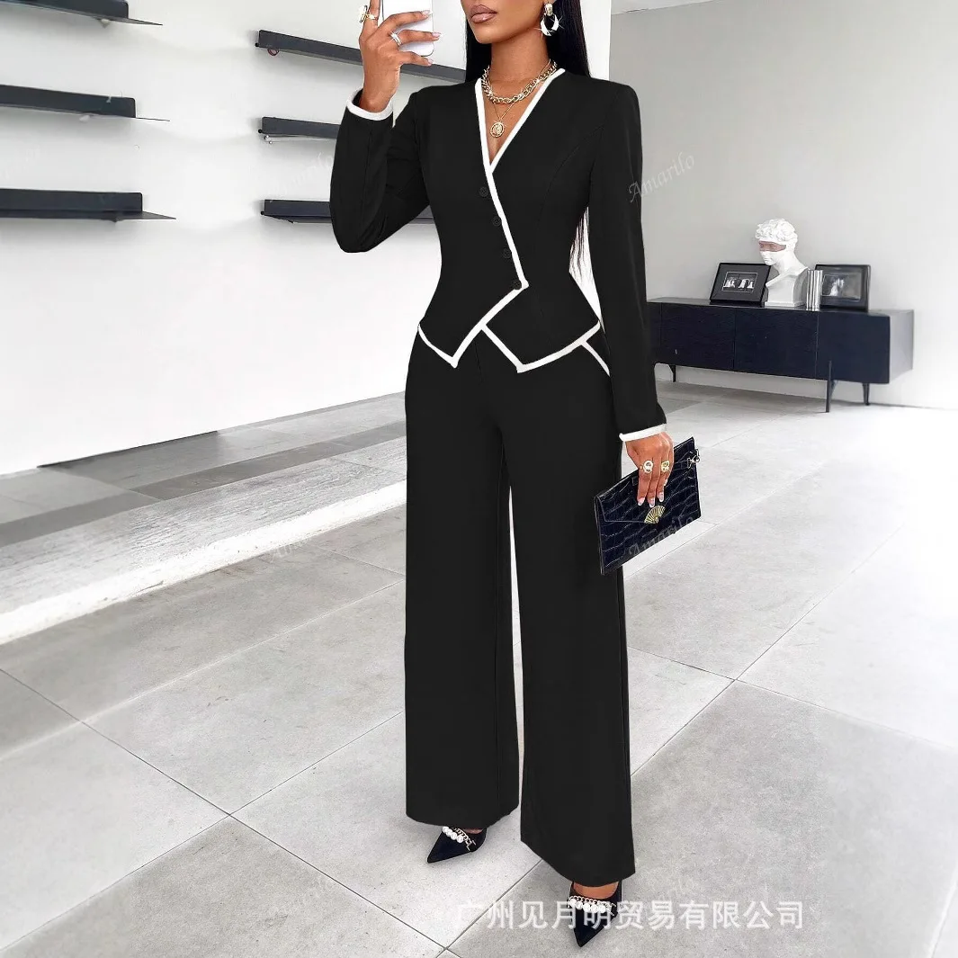 Women's Blazer Pants Set Asymmetric Hem Single Breasted Contrast Trim Matching Set Suits