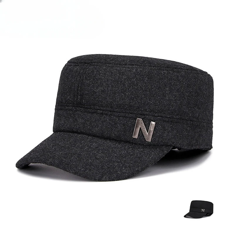 Autumn Winter Men Woolen Felt Flat Top Cap Hat with Velvet Warm Earflaps Outdoor Casual Baseball Caps Casquette Male Cotton Hat