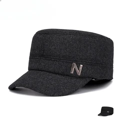 Autumn Winter Men Woolen Felt Flat Top Cap Hat with Velvet Warm Earflaps Outdoor Casual Baseball Caps Casquette Male Cotton Hat