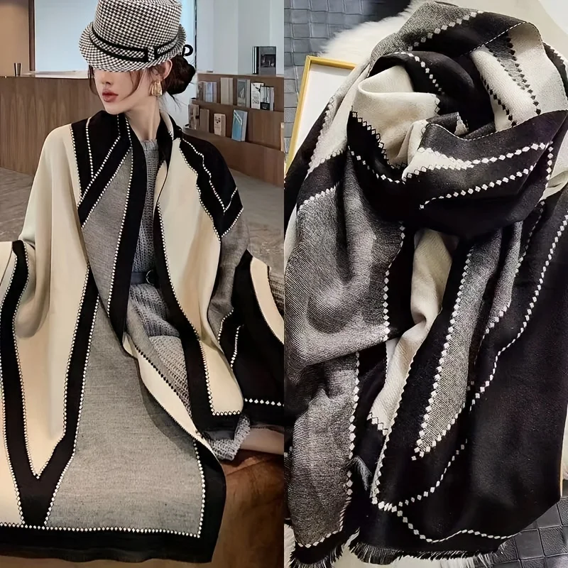 Black White Geometric Plaid Scarf Double Sided Imitation Cashmere Soft Warm Short Beard Large Shawl Winter Coldproof Blanket