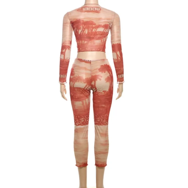 Set da 2 pezzi moda donna stampa a contrasto pantaloni elastici alla moda manica lunga girocollo top set abiti da festa da donna slim sexy