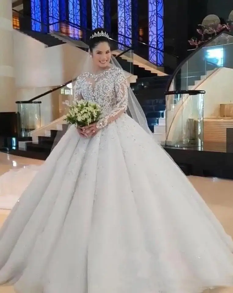 Customized Ball Gown V-neck Lace Rhinestone Long Sleeve Tulle Custom Made Bridal Bride Wedding Dress