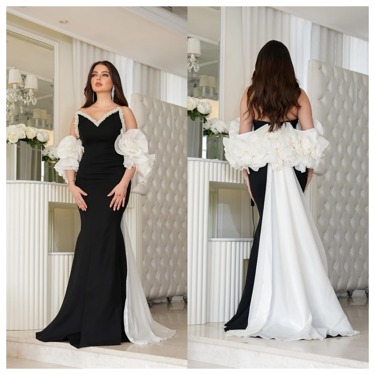 فستان سهرة جيرسي أسود رقيق مخصص بدون حمالات وأكمام قابلة للفصل لحفلات العودة للوطن مطرز بالخرز فساتين المناسبات الخاصة