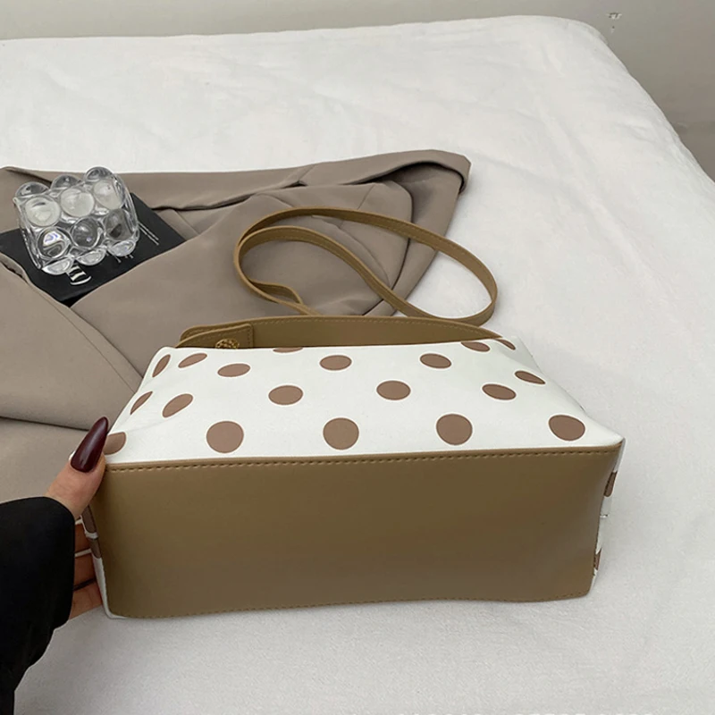 Koreanische Umhängetasche mit Polka Dots, leichte Damen-Umhängetasche, vielseitige, lässige Colorblock-Handtasche für den Arbeitsweg, Reißverschluss – Detail 11