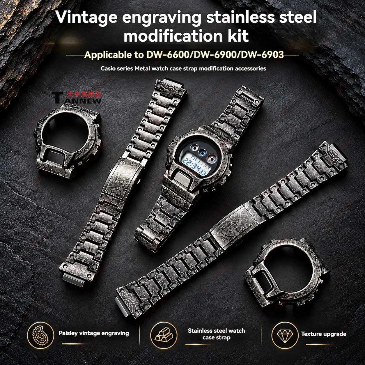 Premium Vintage Paisley Stainless Steel Case and Band for Casio G-Shock DW-6600 DW-6900 DW-6903 Engraved Mod Kit