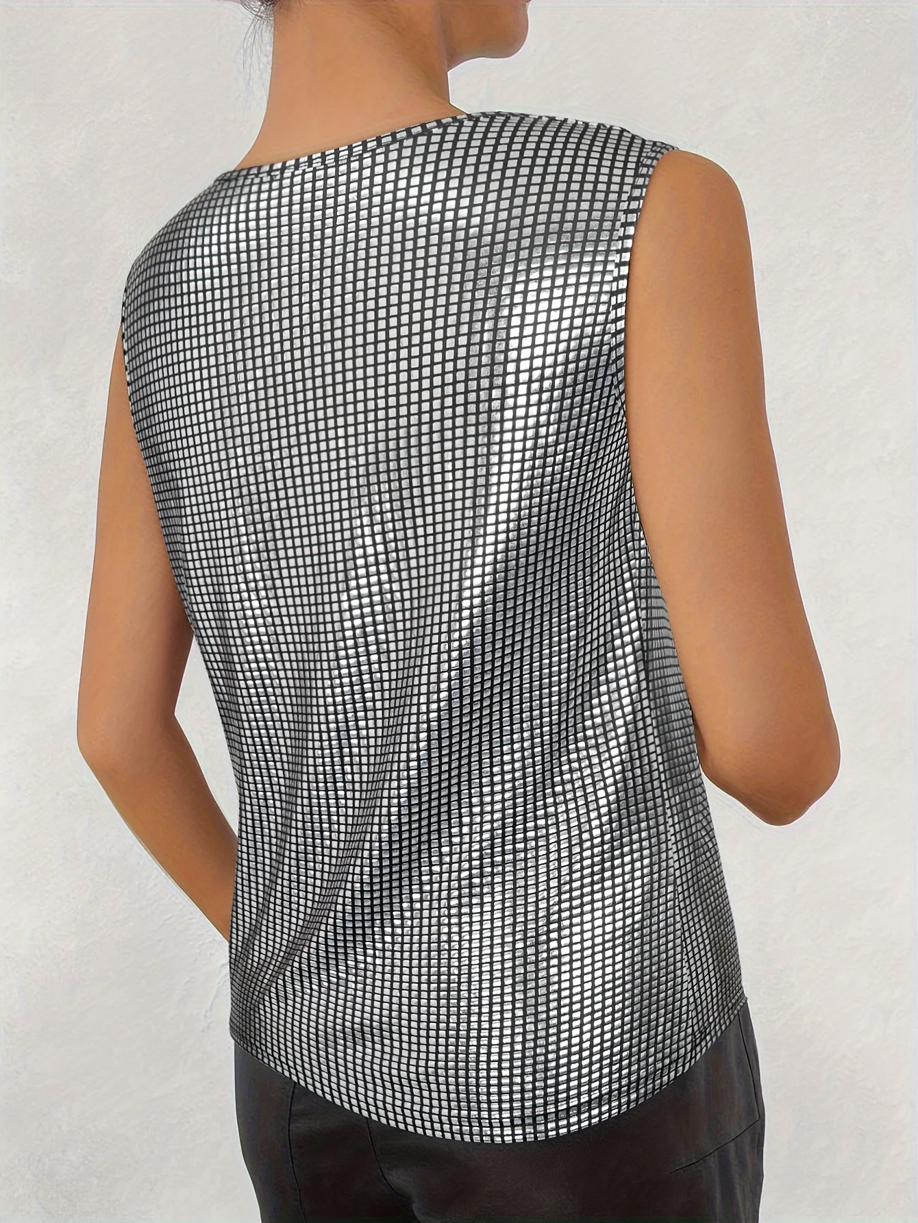 Silver Plaid Contrast Sequin V Neck Tank Top, Elegant Sleeveless Tank Top For Summer, Women\'s Clothing